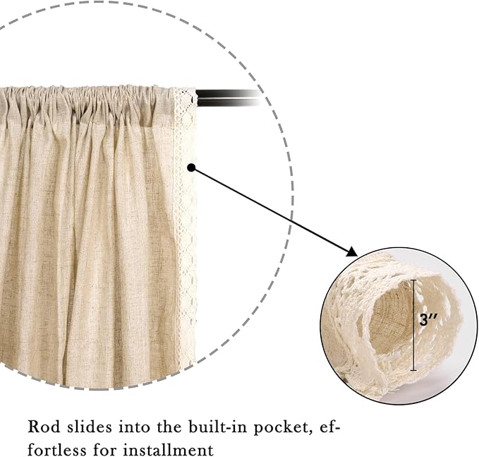ColorBird Farmhouse Linen Curtains 84 inches Long, 2 Panels Macrame Trim Light Filtering Curtains Rustic Rod Pocket Window Treatments for Dining Living Room Bedroom Doorways