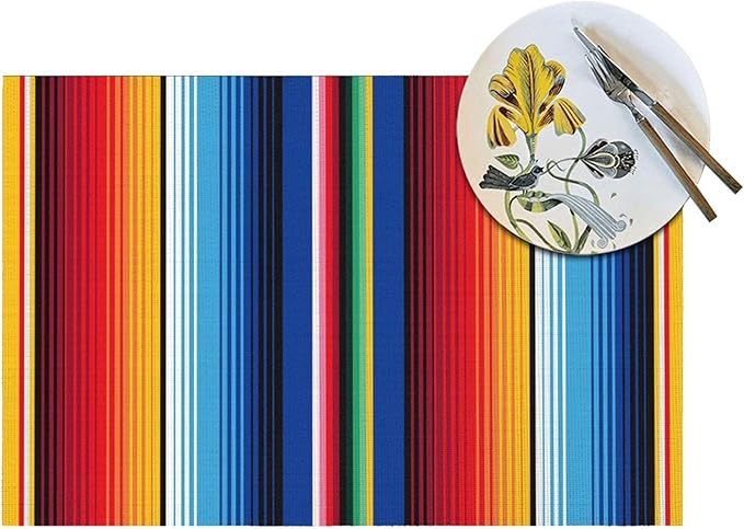 Mexican Placemats Set of 4 Linen 12"x18" Washable Non-Slip Heat-Resistant Rainbow Colorful Stripe Kitchen Table Mats for Dining Outdoor Holiday Party Home Decor