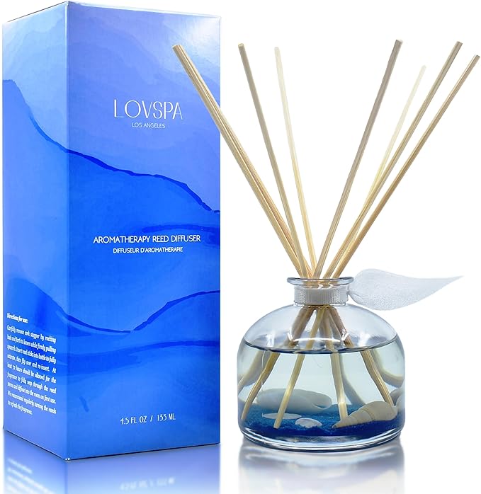 LOVSPA Escape Beach Getaway Ocean Scented Reed Diffuser Set - Fresh Citrus Marine Scent & Woodsy Amber - Made with Real Sea Shells! Beach House Decor - Great Idea!