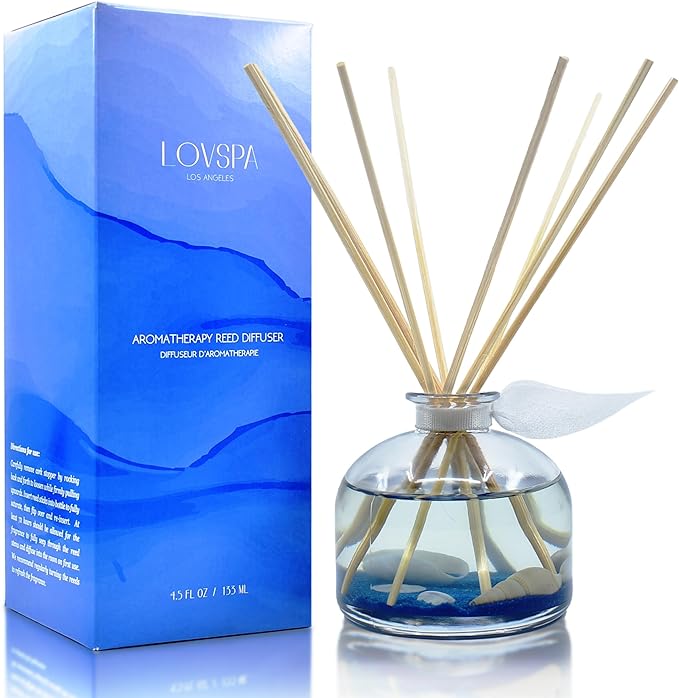 LOVSPA Escape Beach Getaway Ocean Scented Reed Diffuser Set - Fresh Citrus Marine Scent & Woodsy Amber - Made with Real Sea Shells! Beach House Decor - Great Idea!