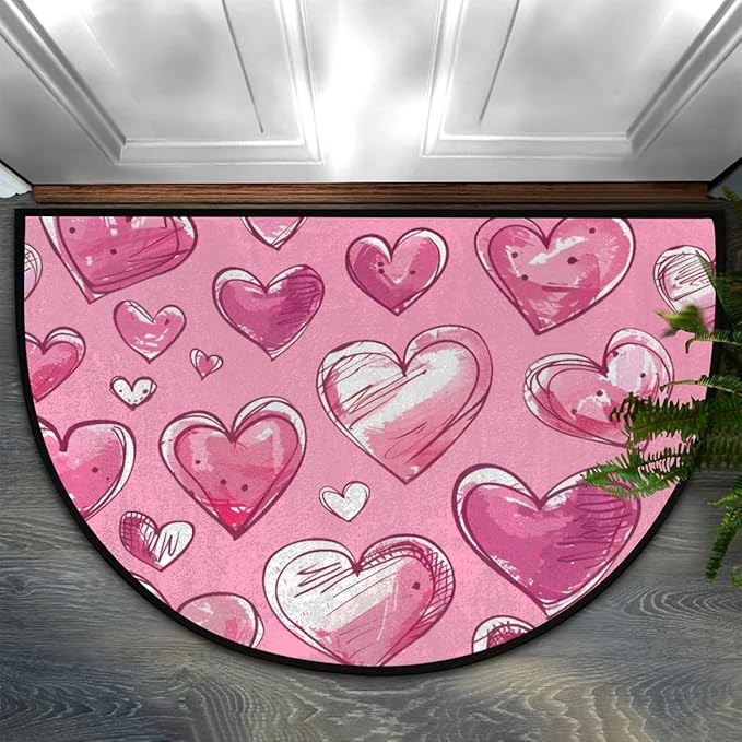 Half Round Doormat Valentine's Day Decorative Rug Half Moon Kitchen Mat Cute Bathroom Rug Washable for Living Room Bedroom Decorative Gift Love Pink