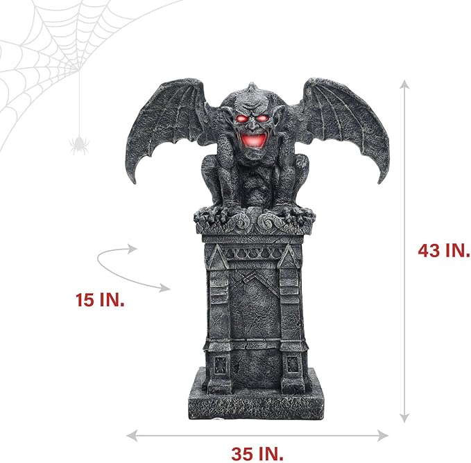 Haunted Hill Farm Motion-Activated 3.2-Ft. Tall Gargoyle, Battery Operated Scare Prop with Spooky Sound Effects and Lights for Indoor or Covered Outdoor Creepy Halloween Decoration
