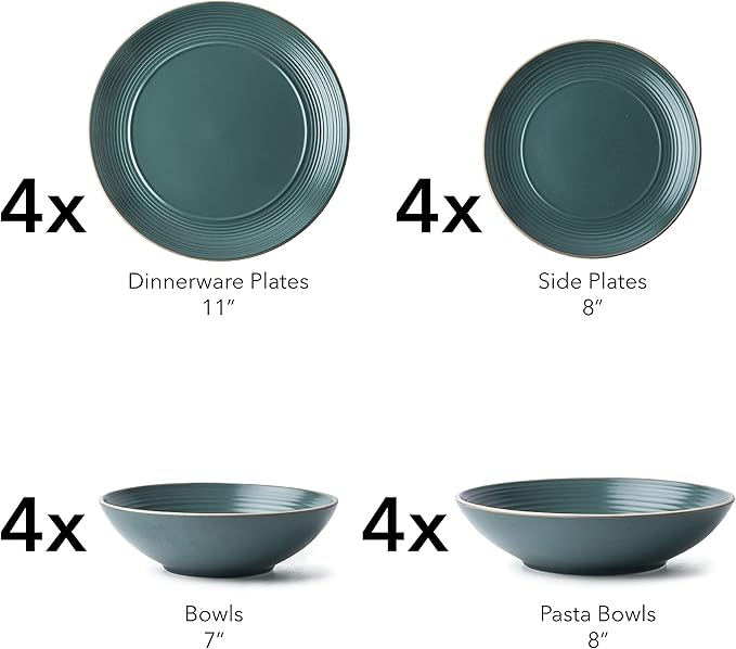 RINGAR Round Stoneware 16pc Double Bowl Dinnerware Set for 4, Dinner Plates, Side Plates, Cereal Bowls, Pasta Bowls - Speckle Matte Green (431952)