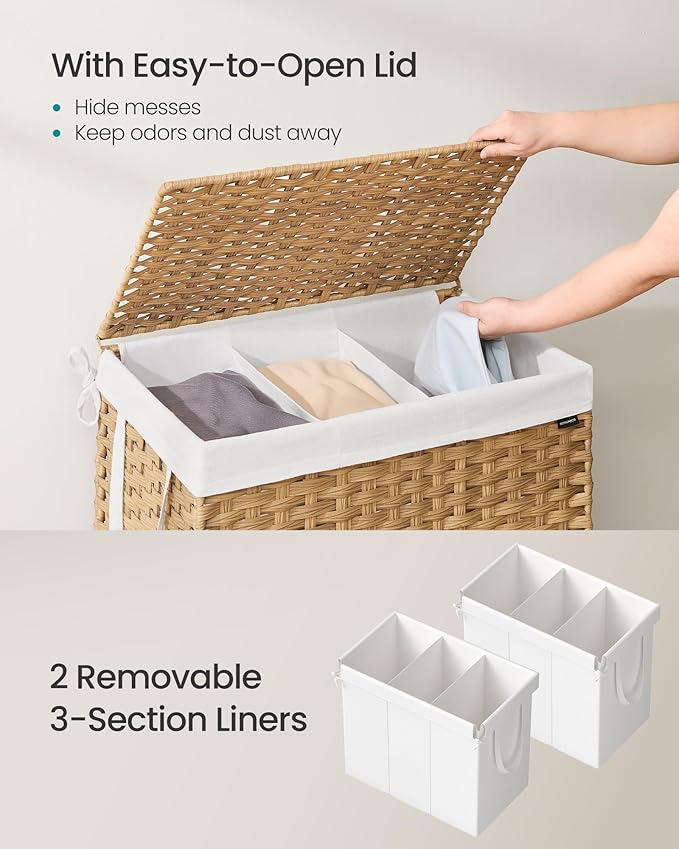 SONGMICS Laundry Hamper, 42.3 Gal. (160 L) Laundry Basket with Lid, Removable Bag with Handles, Handwoven Synthetic Rattan, for Bedroom, Laundry Room, 15.7 x 26 x 24 Inches Natural Color ULCB316Y01
