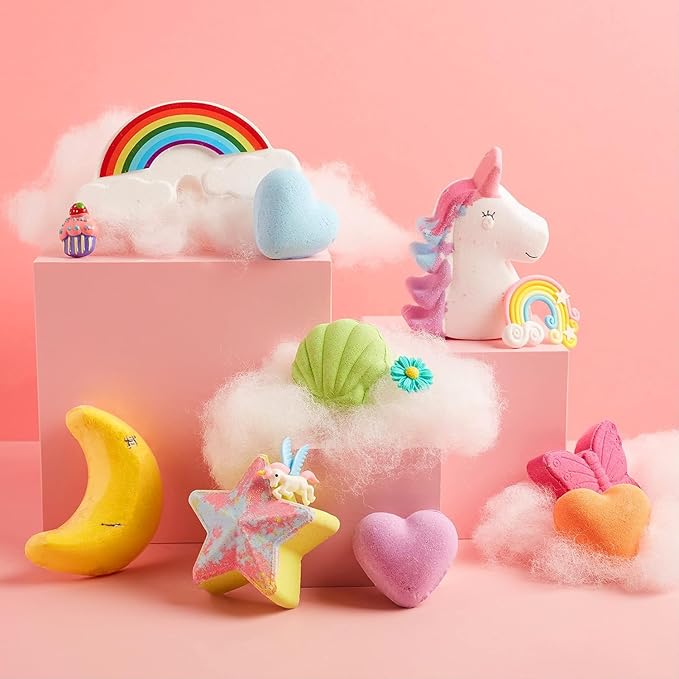EBS Rainbow Bath Bombs Gift Set, 9 Pcs Handmade Bubble Bath Fizzies, Unicorn Bath Bomb Set for Girls, Natural Organic Bath Bombs Safe for Kids & Toddlers, Gift for Valentine's Day
