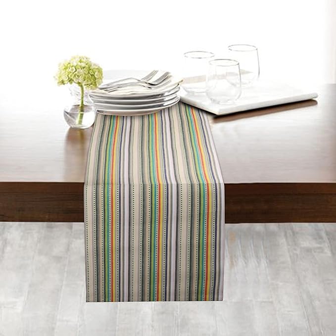 Urban Villa TableRunner 100% Cotton Fused Table Runner Multi Dobby Stripes 14''x72'' Over Sized Beige Multi Color Table Runner Heavier Quality ChristmasRunners