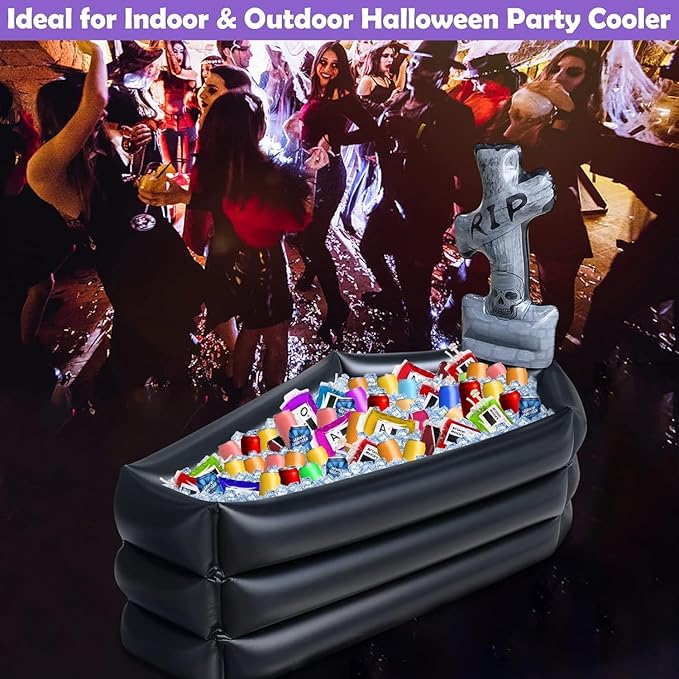TURNMEON 43 Inch Halloween Inflatable Tombstone Coffin Drink Cooler 100+ Cans Large Capacity Halloween Party Decorations Indoor Outdoor Home Party Supplies Inflatable Serving Bar Food Drink Container