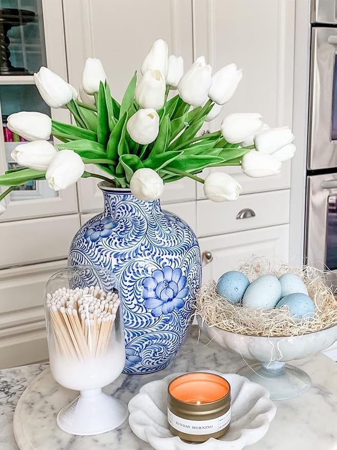 Beferr White Tulips Artificial Flowers 18Pcs Faux Silk Tulip Real Touch Tulip Fake Flowers Bouquets Arrangements for Mother's Day Easter Spring Flowers Gifts Home Table Decor