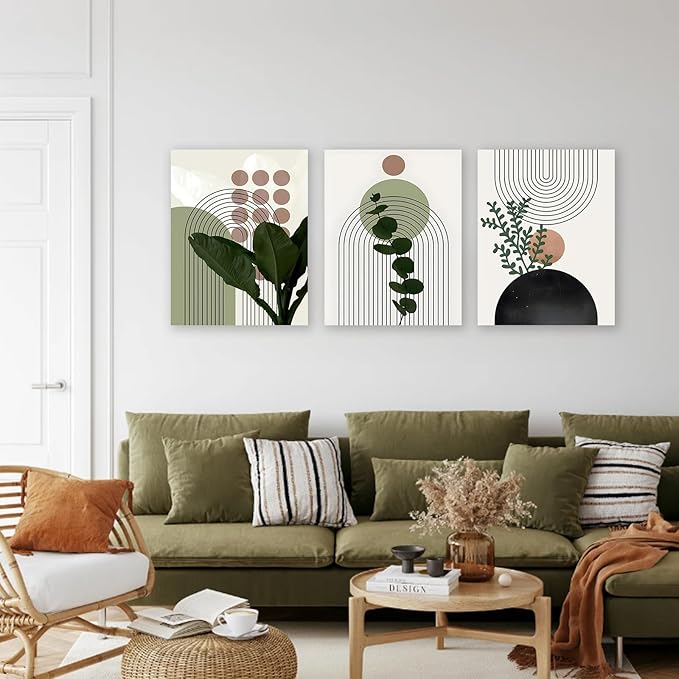 Sage Green Boho Wall Art, KBKBART Abstract Framed Canvas Wall Art Palm Leaf Sun Moon Line Beige Green Wall Decor, Minimalist Geometric Boho Room Decor, Sage Green Wall Posters & Prints for Living