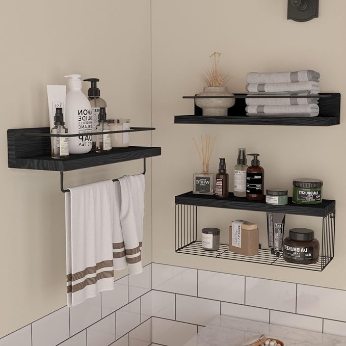 Bathroom Shelves Over Toilet for Wall, Floating Shelves with Storage Basket Paper Holer for Kitchen Living Room, Bedroom & Classroom, Set of 3 (Woodgrain Black)