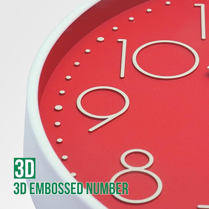 Wall Clock 12 Inch Non-Ticking Silent Modern Simple Style Round Decor Clock Red Stereoscopic Dial Quartz Wall Clocks for Home/Office/School/Living Room/Bedroom/Kitchen