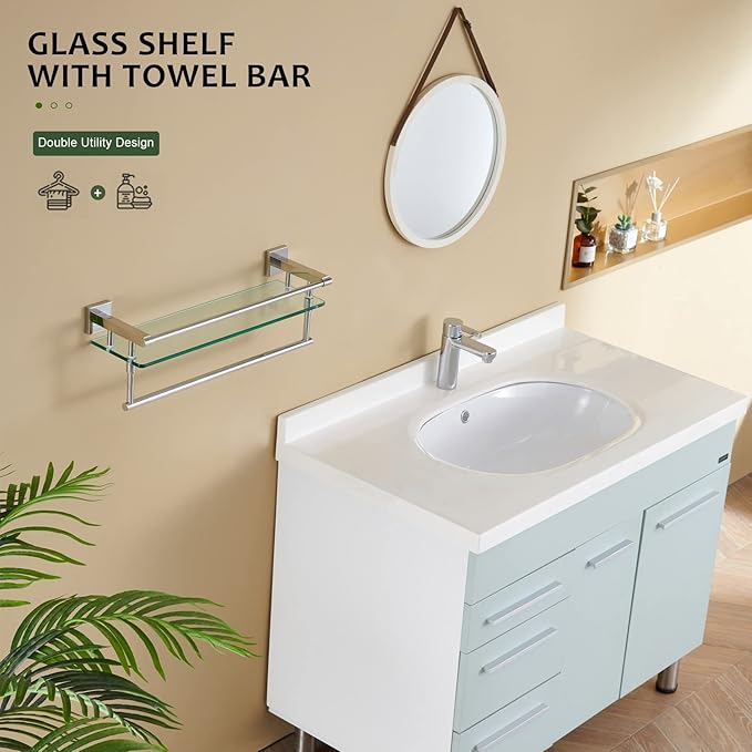 KOKOSIRI Bathroom Shelves with Towel Holder Rustproof 20'' Bathroom Tempered Glass Shelf with Rails Wall Mounted Stainless Steel, Polished Chrome Finish, B1103CH-L20
