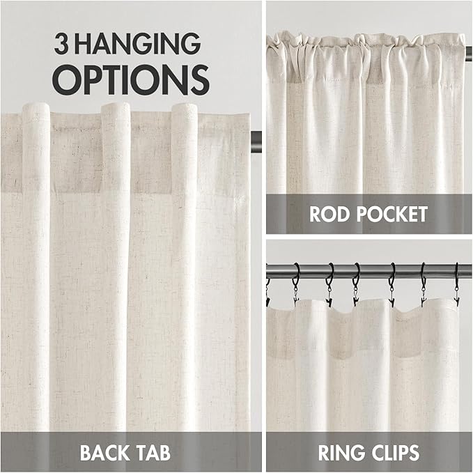 MIULEE Non-See-Through Privacy Linen Curtains 2 Panels, Light Filtering Window Curtains Farmhouse Textured Back Tab Semi Sheer Drapes for Bedroom Living Room, 52 x 96 Inches Long, Natural White
