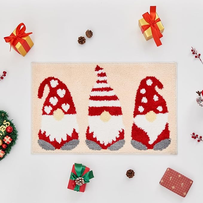 Douceur Christmas Gnome Bathroom Rugs, Cute Beige Bath Mat, Christmas Bathroom D cor Non Slip Bath Rugs, Soft and Absorbent Washable Rugs 24"X16"