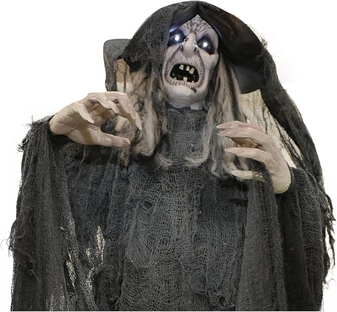Haunted Hill Farm Life-Size Animatronic Scary Talking Witch with Touch Activated Lights and Sound, Indoor or Covered Outdoor Creepy Halloween Decorations for Home or Haunted House, Battery Operated