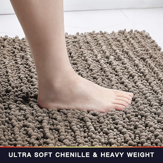 Walensee Bathroom Contour Rug Non Slip Toilet U Shaped Bath Mat (20x24, Taupe) Water Absorbent Super Soft Shaggy Chenille Machine Washable Dry Extra Thick Perfect Absorbant Best Plush Carpet