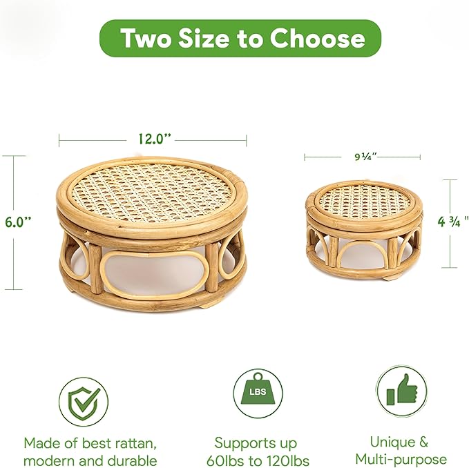 Set of 2 Large Rattan Wicker Round Risers Decorative Indoor Plant Stand, Mid Century Minimalist Modern Plant Stands, Boho Short Plant Stand Holder Suitable Fits 8'' and 12'' Pots