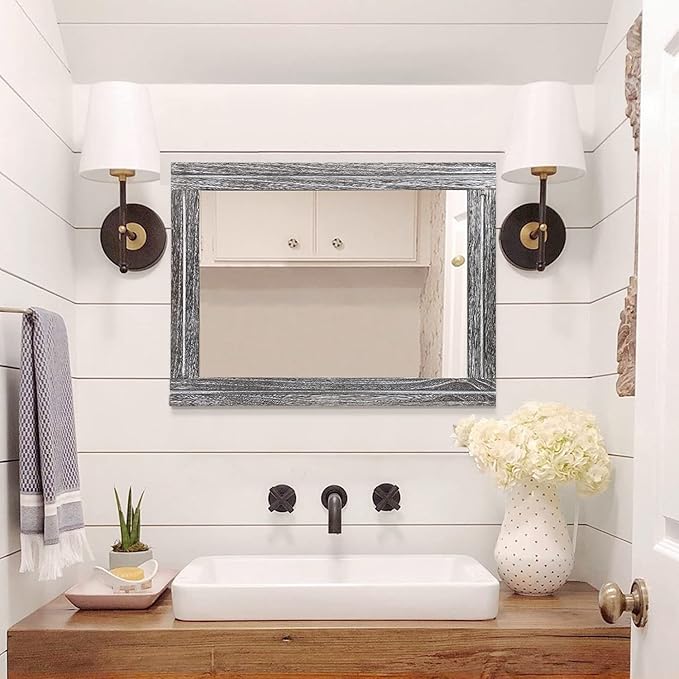 AAZZKANG Rustic Mirror Large 26"x18" Wood Framed Wall Mirrors Rectangle for Bedroom Bathroom Farmhouse Living Room Home Entryway Hanging