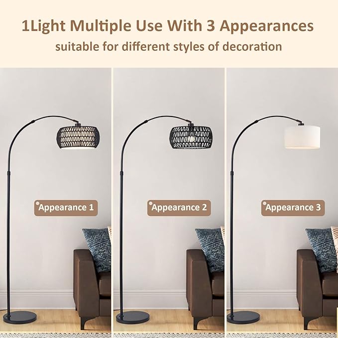 Arc Floor Lamp with Remote App Control Natural Rattan 100% Hand-Woven Dimmable Boho Rattan Floor Lamps with 3 Color Temperature Floor Lamps for Living Room Bedroom Offices(Black)