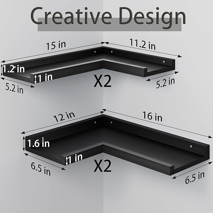4 Tier Corner Wall Shelf, Floating Corner Shelves with Lip, Black Modern Corner Shelves Wall Mounted, Solid Pine Wood Wall Shelf L shaped shelf for Living Room, Bedroom, Bathroom, Home Storage