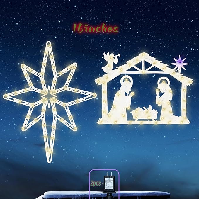 Christmas Decorations 17" Christmas Window Silhouette Lights Decorations - 2 Pack Nativity Scene with Lights & Lighted Bethlehem Star for Holiday Indoor and Outdoor Wall Door Window Decorate