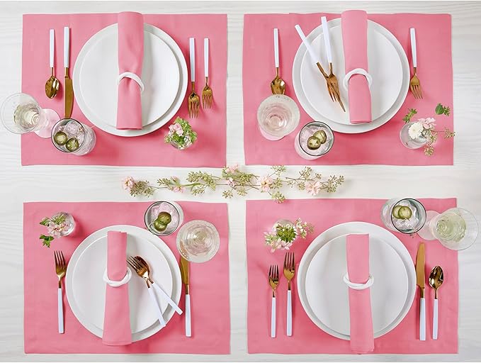 Solino Home Linen Cloth Placemats Set of 4-100% Pure Linen Pink Carnation Placemats 14 x 19 Inch for Summer - Fete