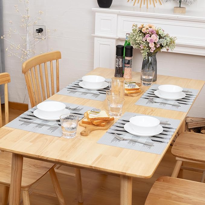 Winknowl Placemats Set of 4, Heat Resistant Stain Resistant Woven Vinyl Insulation Place mats, Durable Washable Elegant Table Mats for Kitchen Dining Table Decor (Geometric Gray)