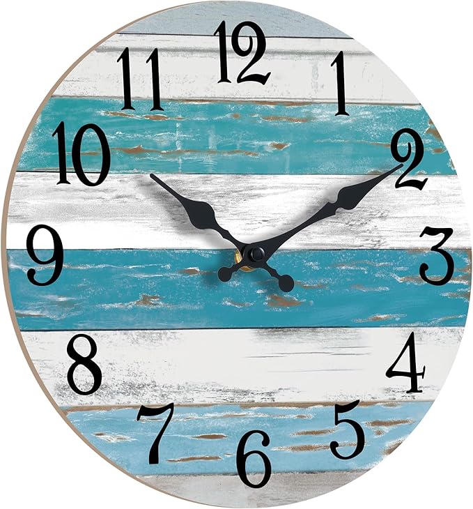 Wall Clock Battery Operated 14 Inch Outdoor Large Beach Style Blue Coastal Retro Silent Non Ticking Decorative for Bathroom Kitchen Living Room Bedroom