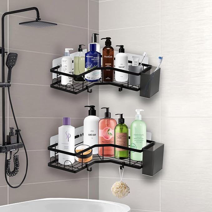 Adhesive Corner Shower Caddy, 2 Packs Shower Organizer Shelves No Drilling Stainless Steel Shower Storage Rack with Hooks & 2pcs Toothpaste Holders for Bathroom Rustproof, Space Saving (Black 4pcs)