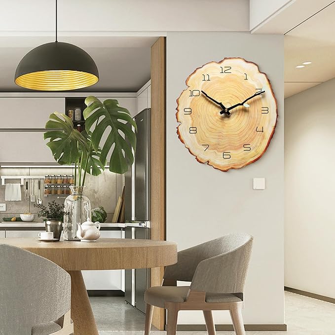 12 Inch Annual Ring Wall Clock - Wood Grain Stump Clock with Arabic Numerals - Battery Powered, Silent Quartz Movement - Decorative for Home, Living Room, Office - Size: 10.55"W x 11.88"H