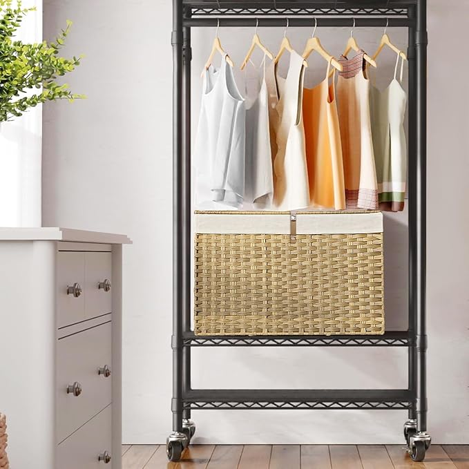 180L Wicker Storage Basket with Lid, Handwoven Rattan Large Shelf Basket with Removable Liner, 47.6 Gallon Wicker Basket for Blanket, Storage Trunk with Handle for Bedroom, Livingroom, Goose Yellow