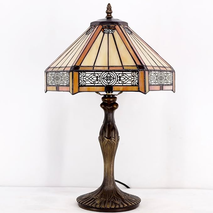 WERFACTORY Tiffany Lamp Yellow Hexagon Stained Glass Mission Style Table Lamp Desk Bedside Reading Light 12X10X18 Inches Decor Bedroom Living Room Home Office S011 Series