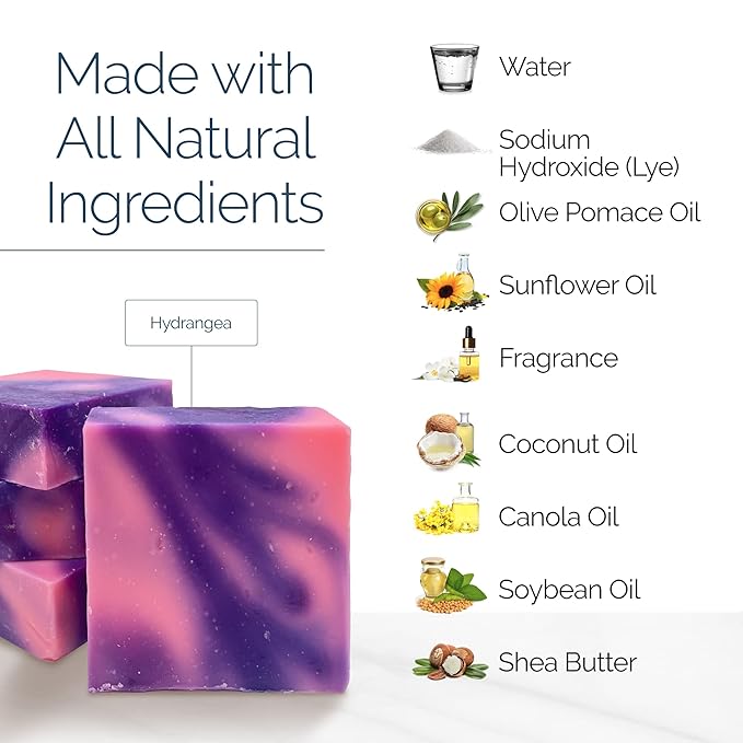 Handmade Natural Bar Soap Gift Set - 100% All Organic Vegan Bath Moisturizing Handmade Artisan Scented Cold Process Fragrant Soaps with Essential Oil - 4 Pack (Hydrangea)