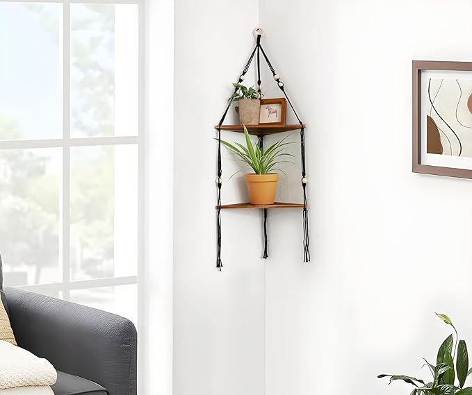 Artilady Black Corner Shelf Wall Hanging - 2 Tier Wood Floating Shelves, Rustic Boho Wall Shelf Decor Hand Woven Cotton Rope Storage Rack for Plants Pots Photo Frames (Black)