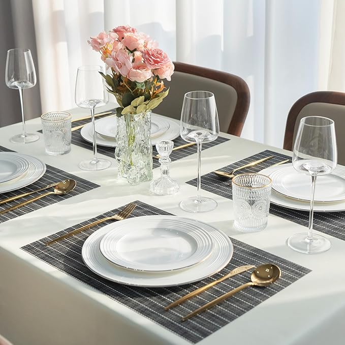Placemats Set of 6 Vinyl/Plastic Woven Place Mats for Kitchen Table Indoor/Outdoor Washable Placemat Wipeable Dining Table Mats (Black Stripes,6)