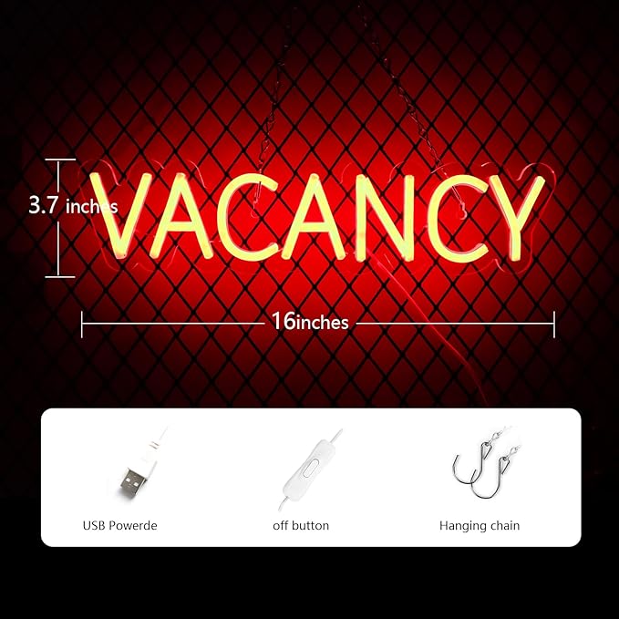 JFLLamp VACANCY Neon Signs for Wall Decor Neon Lights for Bedroom Led Business Signs Suitable for Hotels Christmas Birthday Party Gift Unique Gift for Lover, 5V Power Adapter, 16 * 3.7 Inch(Red)