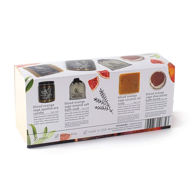 Hemlock Park Blood Orange Sage Artisanal Spa Gift Box | Apothecary Candle, Shea Butter Soap, Bath Bomb, Mineral Salt Bath Soak | Handcrafted with Plant Based Ingredients