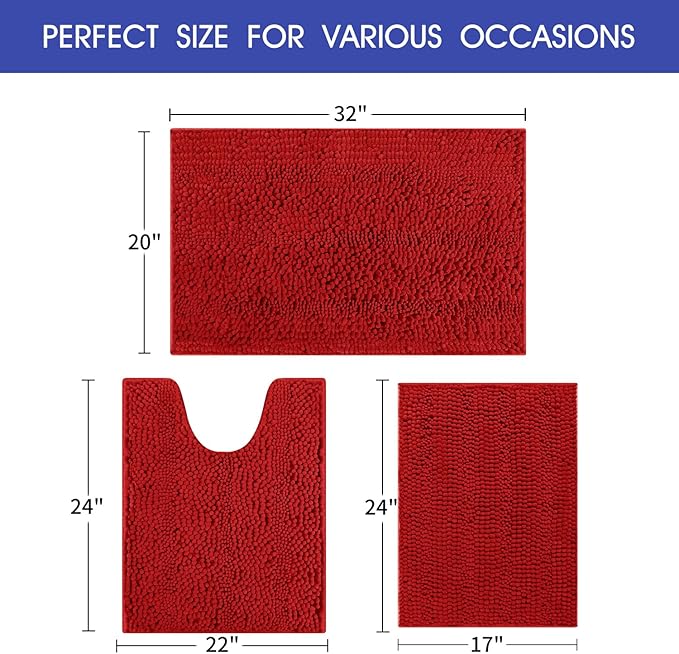 ACCUMTEK Striped Red Ultra Soft Bathroom Rugs and Mats Set 3 Pieces Rug Set, Thick Chenille Bath Rugs Non Slip Bath Mats for Bathroom, Toilet, Bedroom, Kitchen, Burgundy