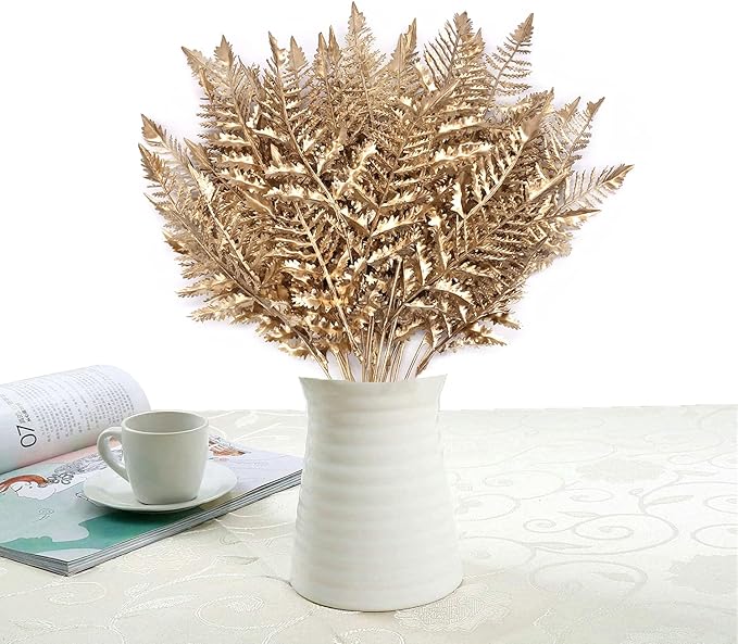 Artificial Plants Golden Boston Grass, For Christmas Decoration Fake Plant Leaf Bush Grass Fern Bushes Faux Shrubs Greenery Indoor Outside Planter Filler Festival Home Garden Decor - Gold 2 Pack