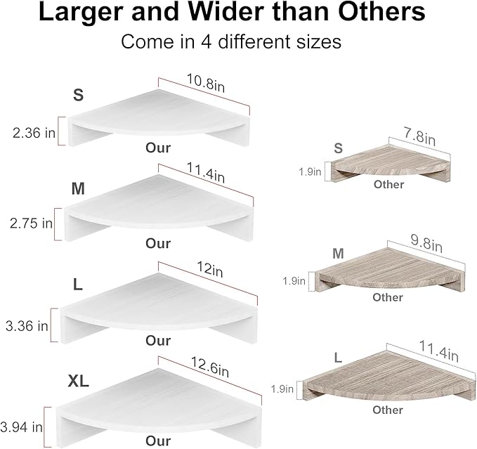 Alsonerbay White Corner Shelf Wall Mount, Set of 4 Floating Shelves for Storage and Display, Large Wooden Shelves for Bedroom, Living Room, Bathroom, Entryway, Garage