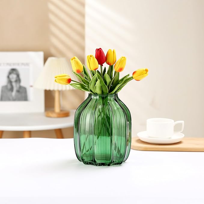 Green Glass Vase for Flowers Bud Tall Glass Vases,H-8.0" Simple Striped Design for Home Floor Decor,Farmhouse Decor, Centerpiece Coffee Table Decorations (Green 8.0IN)