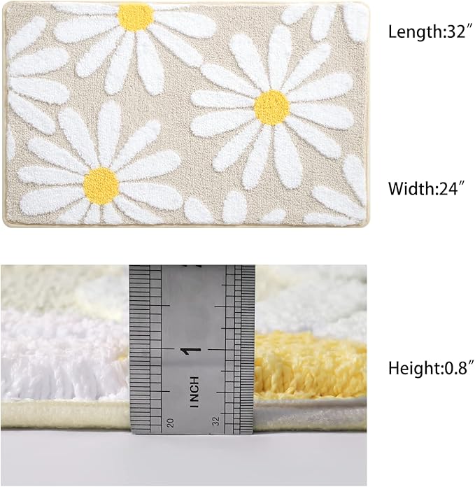 QJHOMO Beige Bathroom Rugs Cute Daisy Bath Mat White and Yellow Flower Decor Rug Non Slip Floor Carpet Microfiber Bathmat Super Absorbent Machine Washable Bathtub Mats for Shower (20x32 inch)