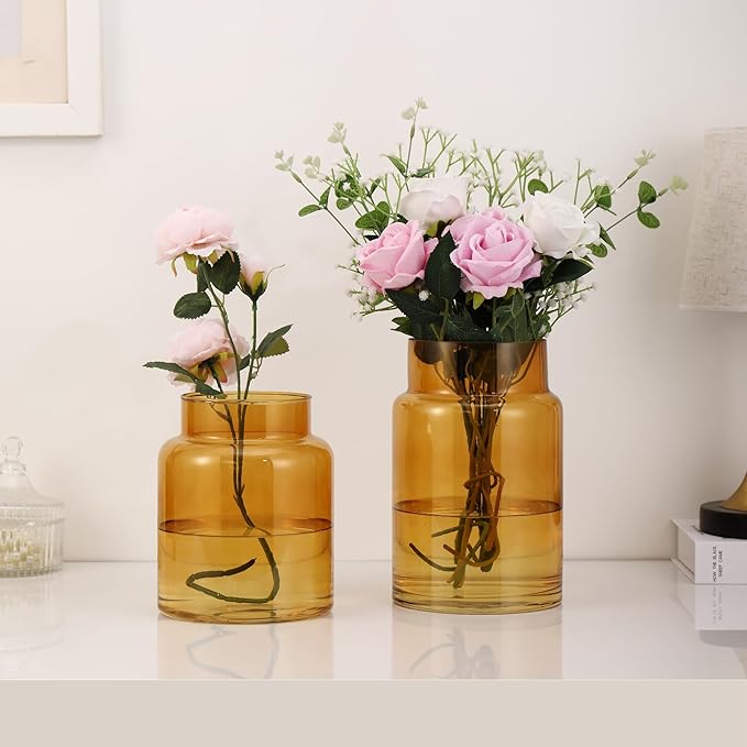 Large Glass Vase, Amber Glass Vase Set of 2, Large Flower Vases for Bouquet, Tall Wide Mouth Vases for Flowers, Home, Wedding, Living Room, Office Decor, 7"+9"