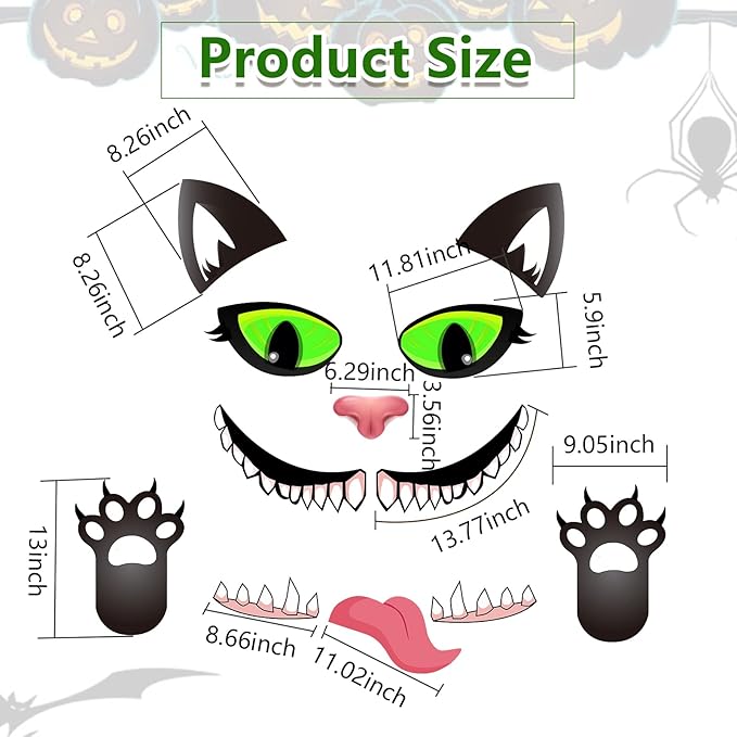POILKMNI Halloween Black Cat Trunk or Treat Car Decorations Kit, Halloween Garage Door Decorations with Eyes, Fangs, Tongue, Nostrils Double Side Stickers for Car SUV Truck, Halloween Decorations