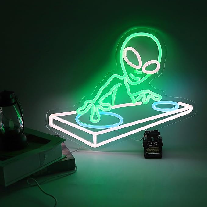 Alien DJ Neon Sign DJ Gifts for Men Cave Cool LED Neon Light for Music Bar Wall Decor Dimmable LED Signs for Game Room Bedroom Decor Bar Music Concert Wall Art 15.7 * 12.6IN