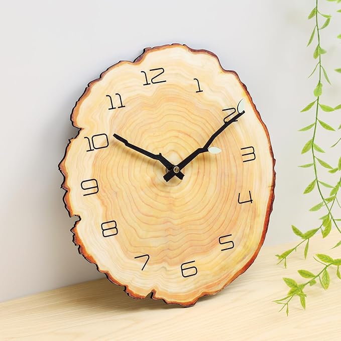 12 Inch Annual Ring Wall Clock - Wood Grain Stump Clock with Arabic Numerals - Battery Powered, Silent Quartz Movement - Decorative for Home, Living Room, Office - Size: 10.55"W x 11.88"H