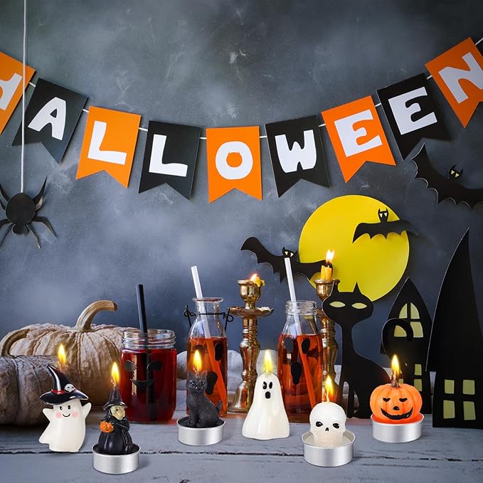 12 PCS Halloween Decoration Ghost Candles Pumpkin Skeleton Cat Witch Cute Mini Candles White Soy Wax Horror Tea Lights Spooky Set for Autumn Halloween Party Home Decorations