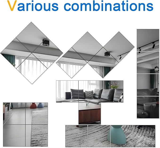 SUNQUEEN 12" x 12" Glass Mirror Tiles for Wall – Frameless Full Length Mirror Wall Mounted, Full Body Mirrors for Bedroom Home Gym Door & Bathroom (4-Pack)