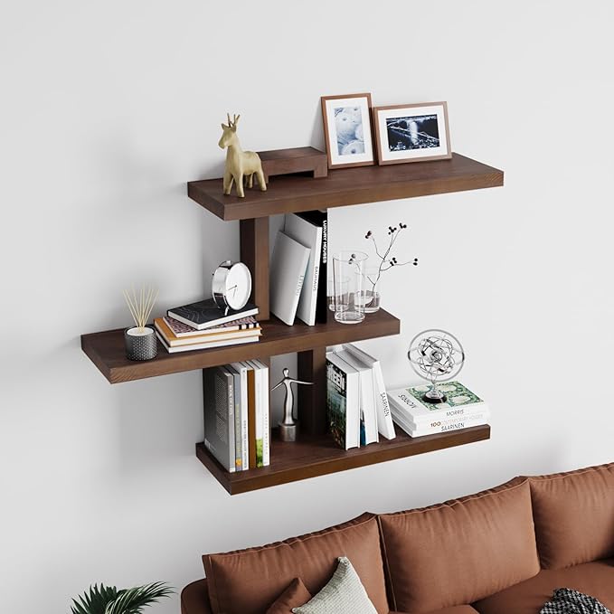 Variable Wood Floating Shelves Set of 3, Wall Cube Shelves 28.35" Max, Wall Shelves for Living Room Bathroom Bedroom - Light Walnut Color - 28.35" x 23" x 5.9" Max