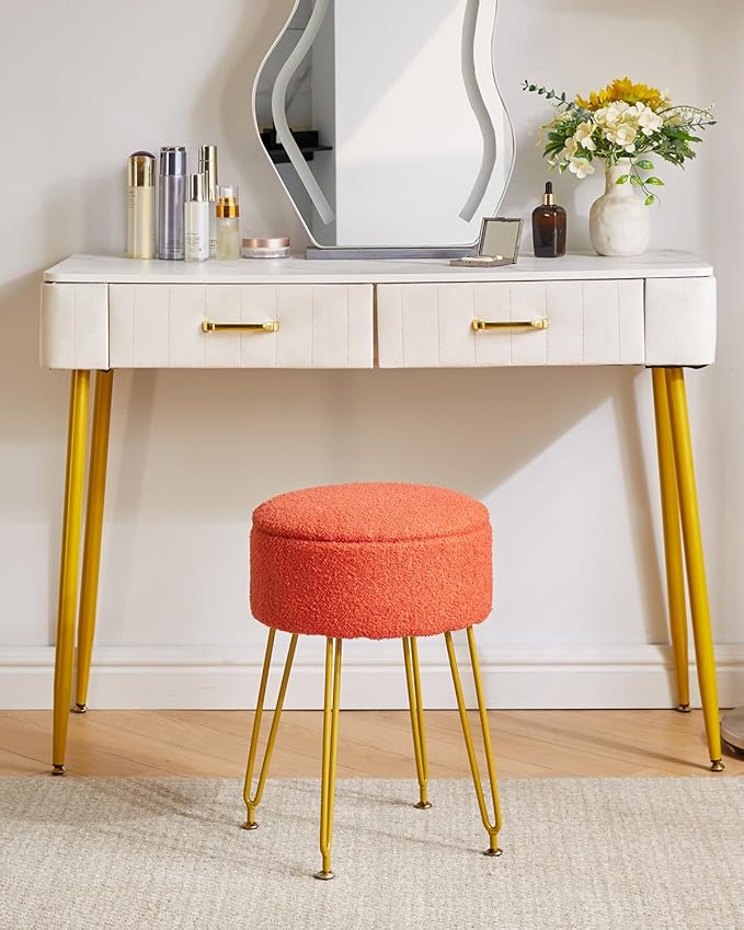 IBUYKE Teddy Velvet Storage Footrest Stool Ottoman, Makeup Vanity Stool Side Table with Removable Cover, Golden Steel Legs, Coffee Table Top Cover, Orange WBD010J